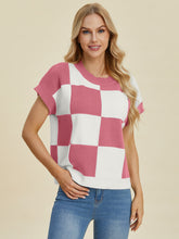 Load image into Gallery viewer, Double Take Full Size Checkered Round Neck Short Sleeve Sweater
