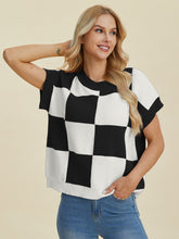 Load image into Gallery viewer, Double Take Full Size Checkered Round Neck Short Sleeve Sweater
