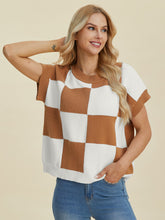 Load image into Gallery viewer, Double Take Full Size Checkered Round Neck Short Sleeve Sweater
