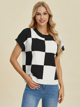 Load image into Gallery viewer, Double Take Full Size Checkered Round Neck Short Sleeve Sweater
