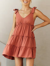 Load image into Gallery viewer, Full Size Frill V-Neck Tie Shoulder Mini Dress
