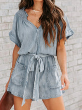 Load image into Gallery viewer, Notched Tie Waist Denim Romper
