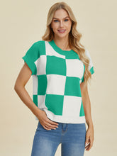 Load image into Gallery viewer, Double Take Full Size Checkered Round Neck Short Sleeve Sweater
