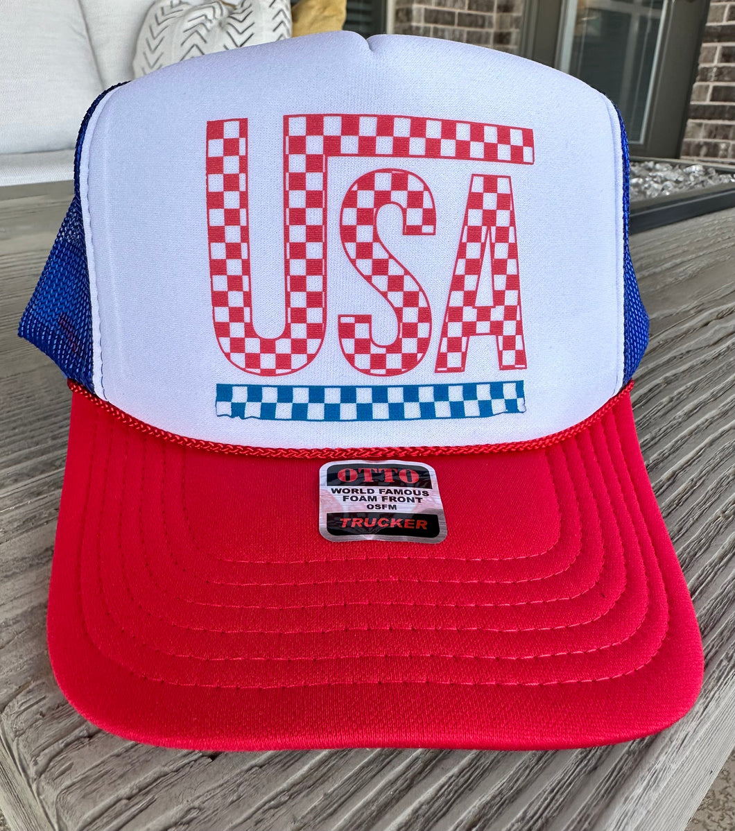 Checkered USA DTF Printed Red/White/Blue Trucker Hat