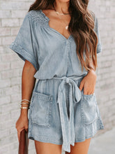 Load image into Gallery viewer, Notched Tie Waist Denim Romper
