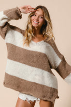 Load image into Gallery viewer, BiBi Slit Striped V-Neck Dropped Shoulder Sweater
