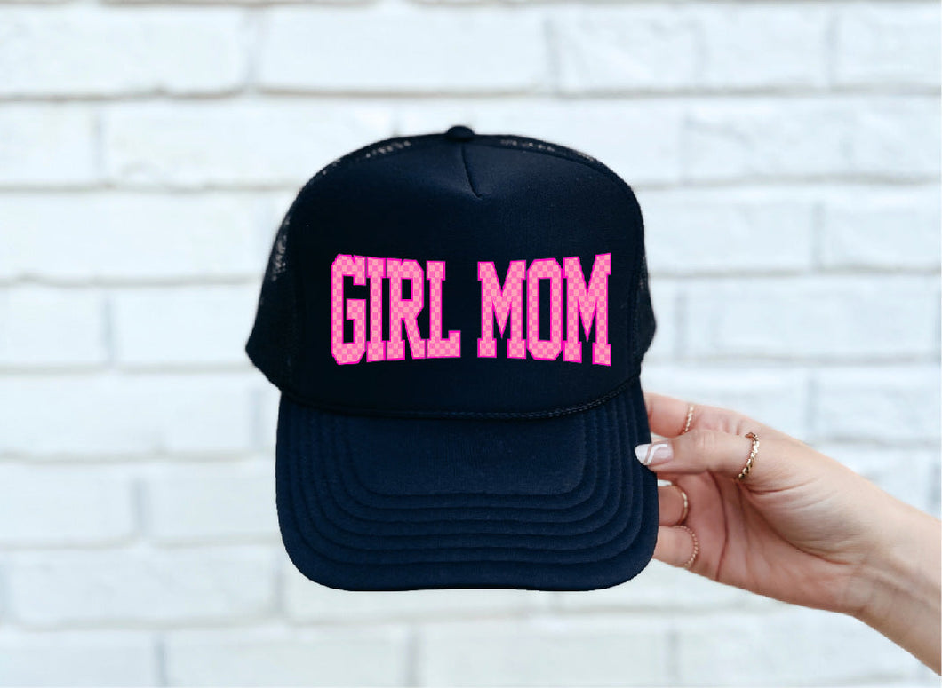 Checkered Girl Mom DTF Printed Black Trucker Hat