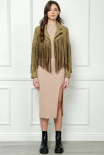 Load image into Gallery viewer, Veveret Suede Fringe Long Sleeve Moto Jacket
