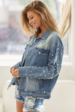 Load image into Gallery viewer, BiBi Pearl Detail Distressed Button Up Denim Jacket
